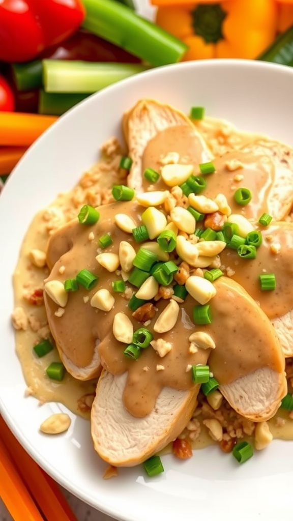 Sliced chicken with peanut sauce garnished with peanuts and green onions on a white plate.